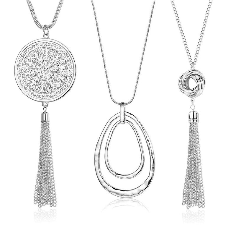SEVENSTONE 3PCS Long Pendant Necklaces for Women Knot Disk Circle Tassel Statement Sweater Silver Necklace Set - Image 1